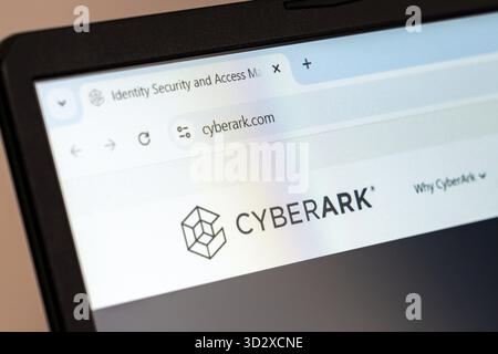 New York, USA - 21 dicembre 2024: Homepage del sito CyberArk visualizzata sullo schermo del laptop con il logo. Azienda di sicurezza informatica che fornisce sicurezza delle identità A. Foto Stock