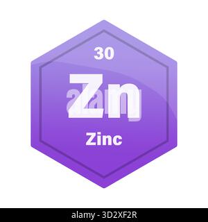 Piastrella elemento chimico in zinco. Atomico numero trenta. Zn firma icona vettore. Esagonale con gradiente viola viola. EPS 10. Illustrazione Vettoriale