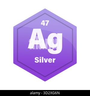 Piastrella con elemento chimico in argento. Numero atomico quarantasette. Icona vettore segno AG. Esagonale con gradiente viola chiaro. EPS 10. Illustrazione Vettoriale
