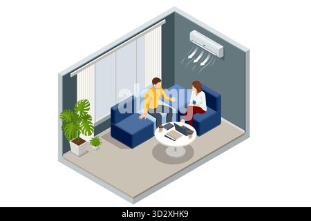 Camera isometrica con due persone che parlano sotto l'aria condizionata. Concetto di comunicazione, riunione aziendale e controllo del clima interno. Illustrazione Vettoriale