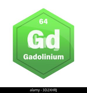 Piastrella con elemento chimico in gadolinio. Numero atomico sessantaquattro. Icona vettore segno GD. Esagonale a gradiente verde brillante. EPS 10. Illustrazione Vettoriale