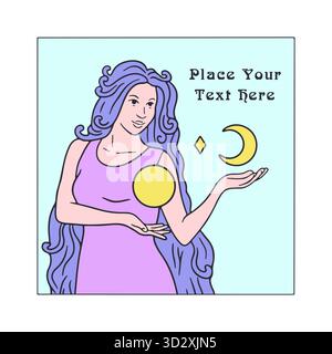 Bella donna dai capelli lunghi che tiene in mano il sole e l'illustrazione vettoriale del modello della mezza luna Illustrazione Vettoriale