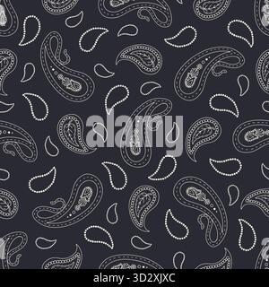 Disegni in bianco e nero elaborati a mano con motivo Paisley senza cuciture su sfondo scuro Illustrazione Vettoriale