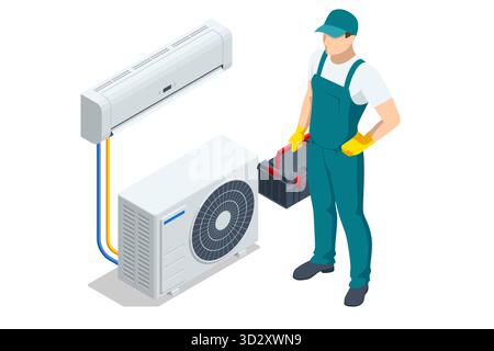 Tecnico isometrico con sistema HVAC. Concetto di installazione dell'aria condizionata, riscaldamento e manutenzione del raffreddamento. Illustrazione Vettoriale