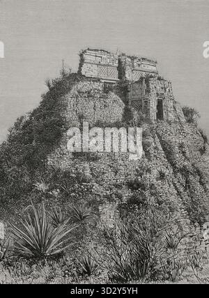 Piramide del mago, chiamata anche Casa dei Nani. Piramide mesoamericana a gradini situata nel complesso dell'antica città Maya di Uxmal, stato di Yucatán in Messico. Incisione di A. Kohl, illustrazione di Taylor. Incisione. America. Storia della sua scoperta dai tempi primitivi all'era moderna, scritta da Rodolfo Cronau. Volume I. pubblicato a Barcellona, 1892. Foto Stock