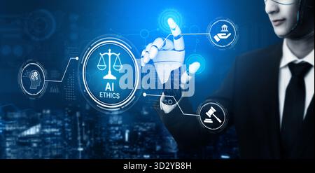 L'etica DELL'INTELLIGENZA ARTIFICIALE garantisce equità, trasparenza e responsabilità nei sistemi intelligenti, guidando un'integrazione sicura e affidabile dell'intelligenza artificiale nella società. Ingresso artificiale Foto Stock