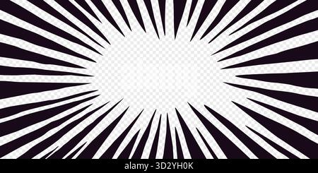 Effetto di velocità irregolare con audaci raggi neri che formano una cornice manga fumettistica anime su sfondo trasparente. Sfondo del vettore di movimento per i poster Illustrazione Vettoriale