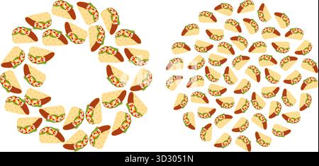 Taco con salsa di carne e verdure di verdure, bordo arrotondato e sfondo circolare modello fast food messicano Design minimalista. Illustrazione vettoriale isolata schede di menu dei contenuti correlati al Messico Illustrazione Vettoriale