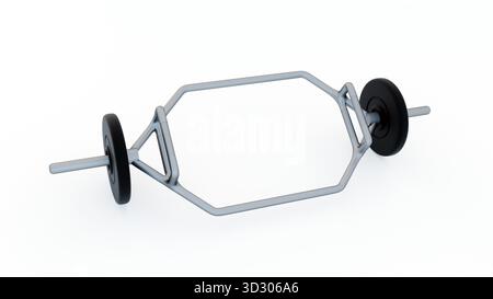 Un'illustrazione 3d di una trappola esagonale e un piccolo manubrio nero, che suggerisce uno stile di vita sano di esercizio Foto Stock