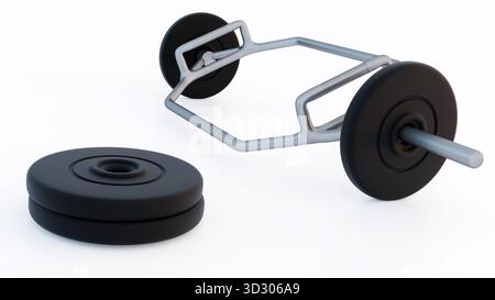 Un'illustrazione 3d di una trappola esagonale e un piccolo manubrio nero, che suggerisce uno stile di vita sano di esercizio Foto Stock