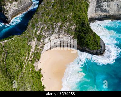 Splendido paesaggio tropicale che mostra una spiaggia di sabbia isolata e acque turchesi dell'oceano. Foto Stock