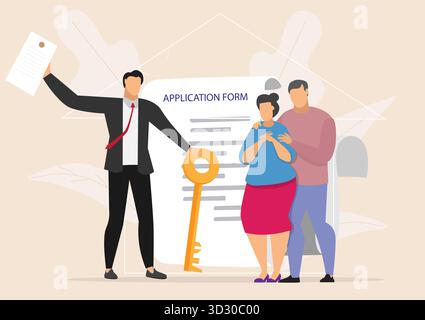 Agente immobiliare di successo che tiene la chiave in mano e vende, affitta la casa alla giovane coppia family.estate agente e cliente felice. Modulo di domanda e chiave. moder Illustrazione Vettoriale