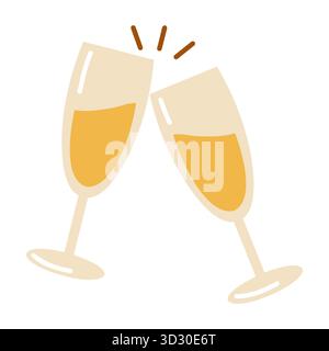 Bicchieri da champagne in stile piatto. Icona delle feste. Illustrazione isolata del vettore disegnata a mano. Illustrazione Vettoriale