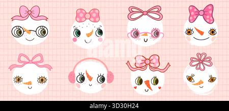 Simpatici pupazzi di neve volti vettoriali con archi, stravaganti personaggi invernali con bocche e occhi per biglietti d'auguri e disegni natalizi Illustrazione Vettoriale