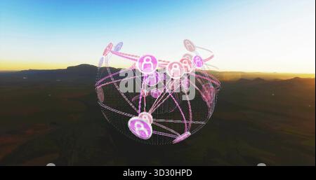 La sfera di rete digitale si illumina sopra il terreno desertico, con linee, marcatori di dati e icone utente Foto Stock