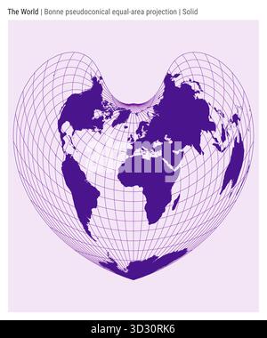 Mappa del mondo. Proiezione pseudoconica a pari area di Bonne. Stile solido. Mappa mondiale dettagliata per infografiche, istruzione, report e presentazioni. Illustrazione Vettoriale