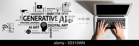 Immagine concettuale che mostra le mani su un notebook con parole relative all'intelligenza artificiale generativa, all'arte digitale e alla creatività, simboleggiando l'innovazione e la tecnologia Foto Stock