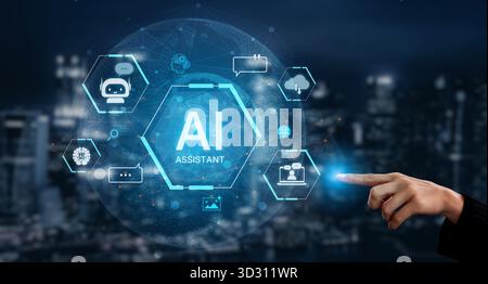 Un concetto di assistente virtuale globale ai. Questo agente intelligente fornisce supporto agli utenti tramite chatbot, esegue ricerche, gestisce i dati cloud e. Foto Stock