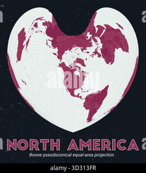 Nord America. Mappa del mondo. Proiezione pseudoconica di Bonne a pari area incentrata sul Nord America. Pallido Mint Dark Pink (Rosa scuro). Texture vintage. Illustrazione Vettoriale