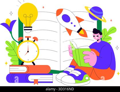 Eventi della settimana del libro illustrazione vettoriale con persone che leggono e studenti che studiano libri di testo per l'alfabetizzazione in uno sfondo di fumetti in stile piatto Illustrazione Vettoriale