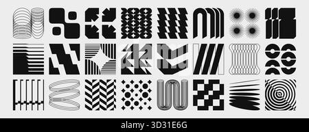 Segnali bauhaus astratti impostati isolati su bianco. Illustrazione vettoriale di forme di distorsione geometrica nera, elementi di design monocromatici, piastrelle quadrate con cerchi, rombo, linee, simboli vintage alla moda Illustrazione Vettoriale