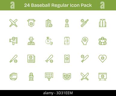 Una raccolta pulita di 24 icone contorno regolari che rappresentano Baseball, progettate per dashboard e interfacce moderne. Illustrazione Vettoriale