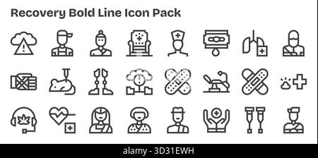 Pacchetto di 24 icone vettoriali nel design Bold Outline, incentrato sui concetti di recupero. Illustrazione Vettoriale