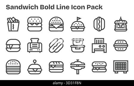 Collezione di 18 icone vettoriali in stile Bold Line per Sandwich, progettate per offrire chiarezza e versatilità. Illustrazione Vettoriale