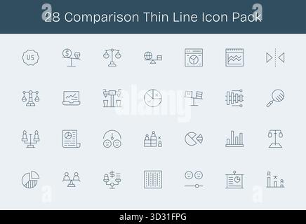 28 icone progettate in modo professionale in stile Thin Line, che catturano l'essenza del confronto per la progettazione dell'interfaccia utente. Illustrazione Vettoriale