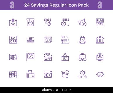 Scaricate 24 icone di contorno regolari scalabili progettate per risparmiare, adatte per progetti professionali e creativi. Illustrazione Vettoriale