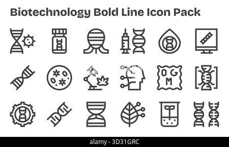 Una raccolta pulita di 18 icone Bold Line che rappresentano la biotecnologia, progettata per dashboard e interfacce moderne. Illustrazione Vettoriale