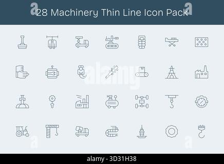 28 icone progettate in modo professionale in stile Thin Line, che catturano l'essenza di Machinery per la progettazione dell'interfaccia utente. Illustrazione Vettoriale