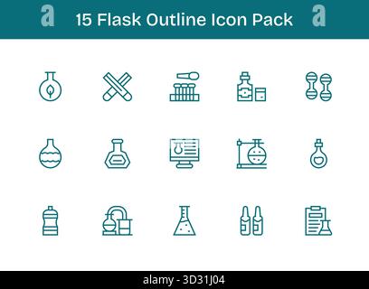 Questo set di 15 icone di contorno cattura i temi delle fiasche, perfetto per applicazioni tecnologiche e aziendali. Illustrazione Vettoriale