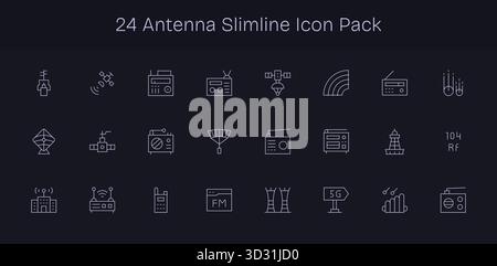 Confezione curata di 24 icone vettoriali con design Slim Line, incentrata sui concetti relativi all'antenna. Illustrazione Vettoriale