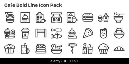 Esplora le 24 icone vettoriali in stile sagomato ispirate al Cafe. Perfetto per interfacce Web e app. Illustrazione Vettoriale
