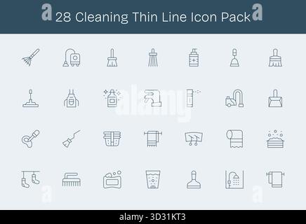 Collezione di 28 icone vettoriali in stile linea sottile per la pulizia, progettate per offrire chiarezza e versatilità. Illustrazione Vettoriale