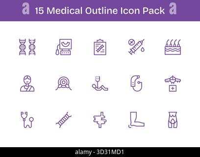 Un set versatile di 15 icone vettoriali delineate incentrate sul settore medicale, ideale per applicazioni mobili e Web. Illustrazione Vettoriale
