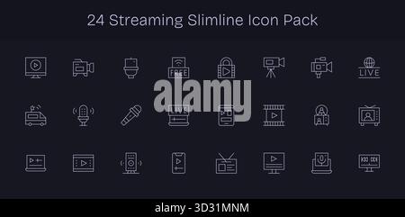 Scopri un set di 24 icone Slim Line create per il tema streaming, ideali per i moderni progetti UI/UX. Illustrazione Vettoriale