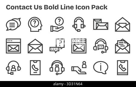 18 icone progettate in modo professionale in stile Bold Line, che catturano l'essenza di Contattaci per la progettazione dell'interfaccia utente. Illustrazione Vettoriale
