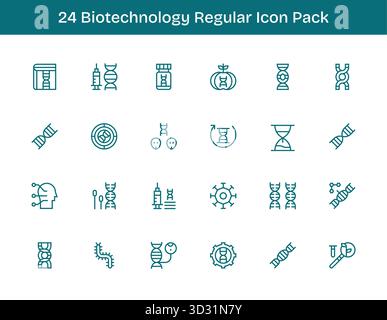 Scarica 24 icone di contorno regolari scalabili progettate per le biotecnologie, adatte per progetti professionali e creativi. Illustrazione Vettoriale