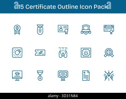 Questo set di 15 icone di contorno cattura temi di certificati, perfetti per applicazioni tecnologiche e aziendali. Illustrazione Vettoriale