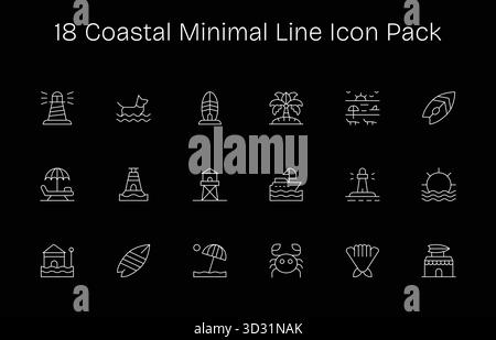 Un set dinamico di 18 icone in stile minimal Line, pensato per la costa e adatto per i prodotti digitali. Illustrazione Vettoriale