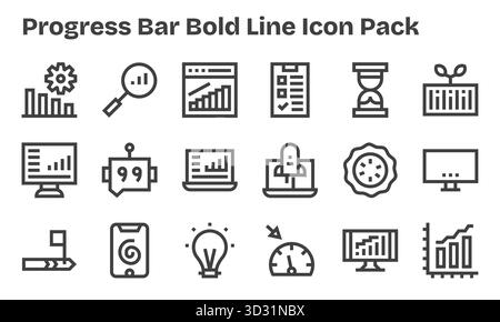 Questo pacchetto di icone della barra di avanzamento include 18 vettori Bold Line, perfetti per migliorare le interfacce digitali. Illustrazione Vettoriale