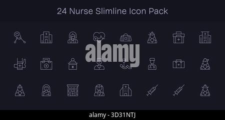 Collezione di 24 icone vettoriali Slim Line per infermiere, progettate per chiarezza e versatilità. Illustrazione Vettoriale