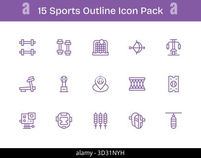Un set versatile di 15 icone vettoriali di contorno incentrate sullo sport, ideale per applicazioni mobili e Web. Illustrazione Vettoriale