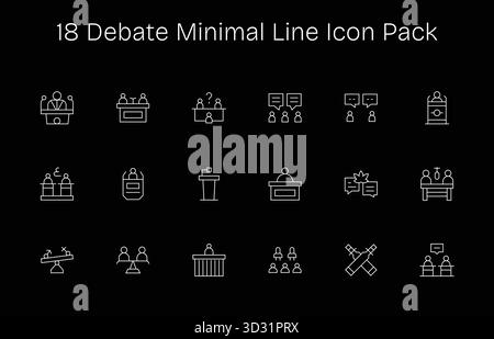 Questa collezione presenta 18 icone minimali in stile Line pensate per il dibattito, perfette per il design digitale. Illustrazione Vettoriale