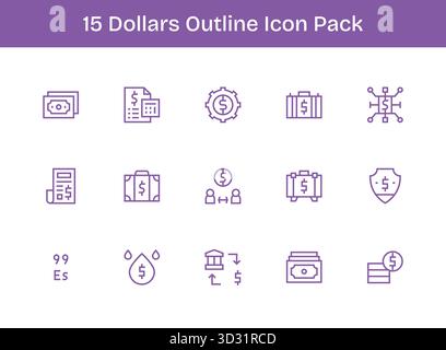 Questo set di 15 icone di contorno cattura temi di dollari, perfetti per applicazioni tecnologiche e aziendali. Illustrazione Vettoriale