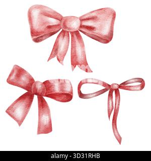 Set di fiocchi rossi e nastri, clipart di acquerello disegnato a mano, perfetto per confezioni regalo, confezioni natalizie, biglietti di Natale, artigianato digitale o decorazioni stampabili Foto Stock