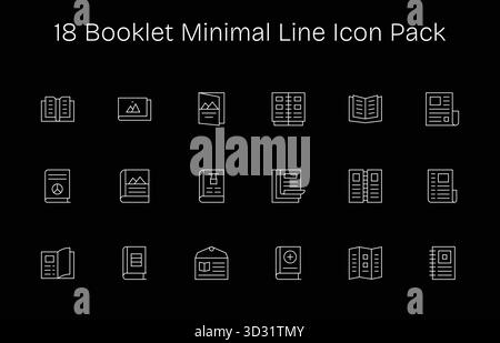 Scopri le 18 icone vettoriali minimali ispirate a Booklet. Perfetto per interfacce Web e app. Illustrazione Vettoriale