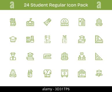 Una raccolta pulita di 24 icone di contorno regolari che rappresentano Student, progettate per dashboard e interfacce moderne. Illustrazione Vettoriale